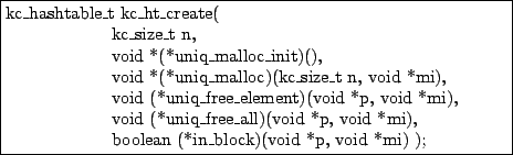 \fbox{\parbox{10cm}{
kc\_hashtable\_t kc\_ht\_create( \\
\mbox{}\hspace{2cm} kc...
...void *mi), \\
\mbox{}\hspace{2cm} boolean (*in\_block)(void *p, void *mi) );
}}
